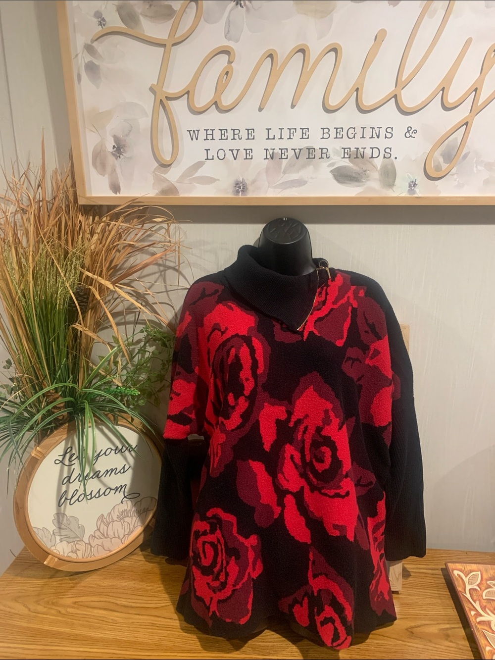 Joseph A Black Sweater with Bold Red Rose Print